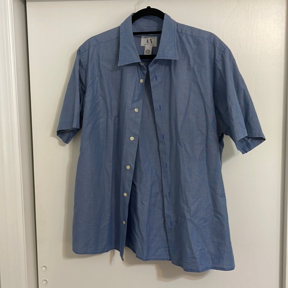 Armani Exchange blue checkered short sleeved button down shirt